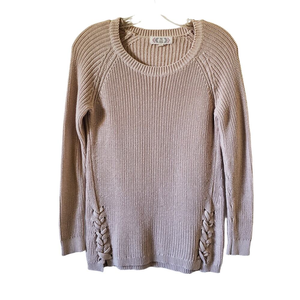 Pink Rose Sweater Womens S Beige Cable Knit Raglan Scoop Neck Laces